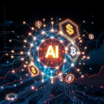 Cyfrowa reprezentacja sztucznej inteligencji, połączona z kryptowalutami i symbolami dolara, na tle wykresów giełdowych i obwodów drukowanych.