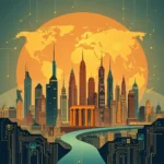 Ilustracja cyfrowa przedstawiająca futurystyczne miasto z drapaczami chmur na tle wielkiej, pomarańczowej kuli ziemskiej z zaznaczoną mapą świata, z sieciami połączeń elektrycznych. W środku miasta znajduje się droga w kształcie wijącej się rzeki, prowadząca przez nowoczesną architekturę i budowle o klasycznym charakterze. Na pierwszym planie widoczne są elementy przypominające układy scalone i obwody drukowane, symbolizujące technologię i cyfryzację.