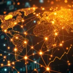 Mapa świata z cyfrowymi połączeniami między kontynentami i świecącymi na pomarańczowo punktami. W tle widać wykresy finansowe i symbol kryptowaluty.