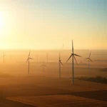 Widok z lotu ptaka na farmę wiatrową o wschodzie słońca, z turbinami wiatrowymi w oddali zamazanymi przez mgłę.