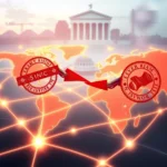 Cyfrowe przedstawienie świata z połączeniami, pokazujące czerwoną pieczęć z napisem "SINIC" po lewej i czerwoną pieczęć z napisem "EEVER RIAM" po prawej. Połączone z nimi jest czerwone ogniwo łańcucha w kształcie strzałki, symbolizujące sieć. W tle widać zamazane budynki rządowe i budowlane.