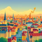 Obraz przedstawia panoramę miasta o architekturze europejskiej z kolorowymi dachami i licznymi wieżami kościołów i budynków. Na tle nieba, pomiędzy górami, wznosi się pomarańczowa, zygzakowata linia wykresu wzrostu, symbolizująca sukces lub rozwój.