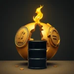 Złota kula z pęknięciem, symbolizująca globalną gospodarkę, z zaznaczonymi na niej symbolami funta brytyjskiego i euro. Kula płonie od góry, a przed nią stoi czarna beczka z ropą naftową. Wokół beczki rozsypane są złote monety.