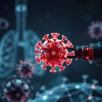 Render 3D wirusa COVID-19 z bliska, z widoczną na pierwszym planie czerwoną cząstką wirusa, do której zbliża się mechaniczne ramię. W tle widoczne są niebieskawe szkice płuc i inne cząstki wirusa.
