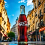 Klasyczna butelka Coca-Coli pokryta kroplami kondensatu, stojąca na drewnianym stole, z rozmytym tłem przedstawiającym ulicę z budynkami w słoneczny dzień.