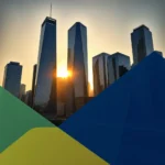 Widok na panoramę miasta z wieżowcami o zachodzie słońca, częściowo zasłoniętymi przez geometryczne kształty w kolorach zielonym, żółtym i niebieskim.