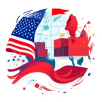 Ilustracja przedstawiająca koncepcję handlu międzynarodowego z flagą Stanów Zjednoczonych i Chin, kontenerami transportowymi i globusem ziemi.