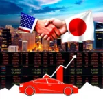 Zdjecie przedstawia handshake miedzy USA i Japonia, z Tokio i budynkami w tle, wraz z wykresem akcji i samochodem.
