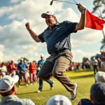 Gracz golfa w czapce z daszkiem i koszulce polo skacze z radości na polu golfowym.