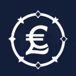 Biały symbol funta szterlinga w okręgu z gwiazdami i rombami na granatowym tle.