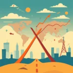 Ilustracja z motywami ekonomicznymi, przedstawiająca mapę świata z wykresami wzrostu i spadku, symbolami dolara i ryby, a także widok na panoramę miasta z wieżą radiową, wszystko na tle zachmurzonego, gradientowego nieba.