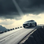 Jasnoszary, futurystyczny samochód elektryczny na skalistej drodze z barierami ochronnymi pod ciemnymi, burzowymi chmurami, przez które przebijają się promienie słońca.