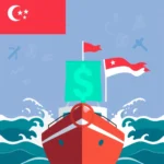 Czerwony statek z żaglem w kształcie zielonego znaku dolara płynie po wzburzonych wodach. Nad statkiem powiewa flaga Singapuru, a w tle widnieje jego mniejsza wersja z gwiazdą.