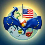 Grafika przedstawia kulę ziemską otoczoną przez dwie masywne, stylizowane postacie przypominające flagę Unii Europejskiej. Na szczycie znajduje się maszt z flagą Stanów Zjednoczonych. Pomiędzy symbolami UE znajduje się piłka plażowa. Wokół obu postaci i na samej kuli ziemskiej umieszczono symbole zagrożeń, takie jak czaszka ze skrzyżowanymi piszczelami, znak promieniowania oraz czerwone kropelki. Całość tworzy surrealistyczną, symboliczną scenę nawiązującą do politycznych i ekologicznych napięć między UE a USA.