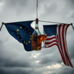 Butelka brandy i kieliszek na tle flagi Unii Europejskiej i Stanów Zjednoczonych.
