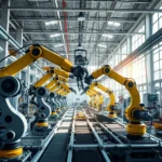 Linia produkcyjna z żółtymi robotami przemysłowymi pracującymi w nowoczesnej fabryce.