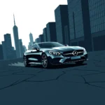 Ilustracja cyfrowa czarnego sedana Mercedes-Benz S-klasy Coupe z lat 2010-2020 przed budynkami miejskimi.