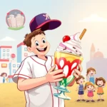 Uśmiechnięty chłopiec w stroju baseballisty trzymający duży deser z lodami i wisienką na wierzchu, otoczony przez cztery dziewczynki bawiące się na tle miasta i nieba.
