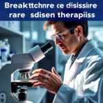 Biała tabela z literami "breakttchnre ce disisiire" na górze i "rare sdisen therapisss" na dole, a pod nią naukowiec w białym fartuchu patrzący przez mikroskop.