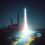 Obraz przedstawia elektrownię przemysłową połączoną z farmą fotowoltaiczną i turbinami wiatrowymi, tworzącymi futurystyczny krajobraz energetyczny.