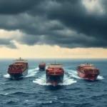 Cztery wielkie kontenerowce płynące przez ocean pod burzowym, ciemnym niebem.
