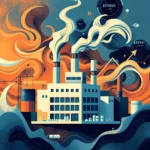 Ilustracja przedstawia fabrykę emitującą biały dym, na tle abstrakcyjnych, falujących kształtów w kolorach pomarańczowym i niebieskim, symbolizujących prawdopodobnie przemysł i środowisko. W tle widać wykresy finansowe z liczbami i strzałką skierowaną w górę, co może sugerować wzrost ekonomiczny lub zyski. Całość ma stylizowany, nieco retro wygląd z widocznym ziarnistym teksturowaniem.