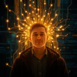 Mężczyzna z twarzą pokrytą cyfrowymi punktami, otoczony jarzącymi się pomarańczowymi obwodami przypominającymi rozchodzące się od głowy promienie.