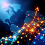 Niebieska mapa świata z gęstą siatką połączeń w kolorach żółtym, pomarańczowym i zielonym, wskazująca na globalny rozwój i wzrost.