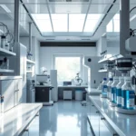 Nowoczesne laboratorium z białymi blatami i szafkami, przeszklonymi butelkami z niebieskim płynem i mikroskopem.