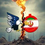 Orzeł w barwach flagi USA po lewej stronie, symbol Iranu w okręgu z flagą Iranu po prawej, rozdzielone płonącą szczeliną.