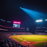 Nocny mecz baseballowy w domu z publicznością, reflektorami i tablicą wyników pokazującą "HOME RUN DERBY".